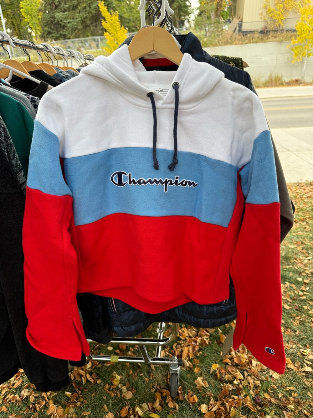Champion Colorblock Teddy Hoodie Jacket - White/Light Blue/Red